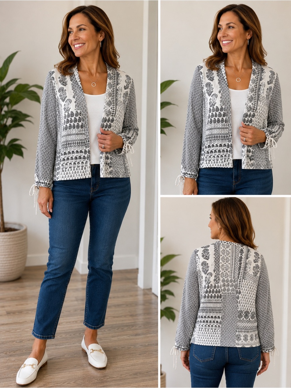 Chico’s lightweight cardigan sweater,black white paisley open front size 2 (L)